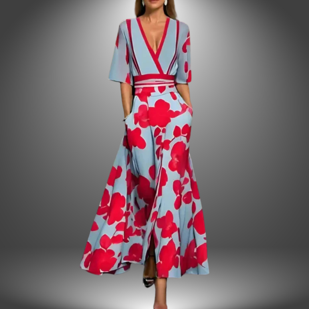 Bellissimo | Vestito Lungo Elegante con Stampa Floreale Scollo a V 0