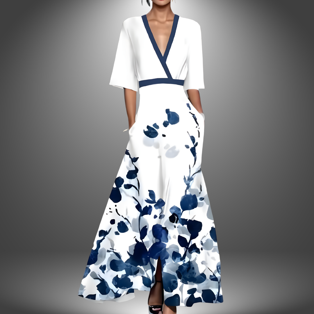 Bellissimo | Vestito Lungo Elegante con Stampa Floreale Scollo a V 1