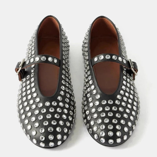 Bello | Ballerine Donna Con Cinturino in Pelle Nere Decorate con Cristalli 0