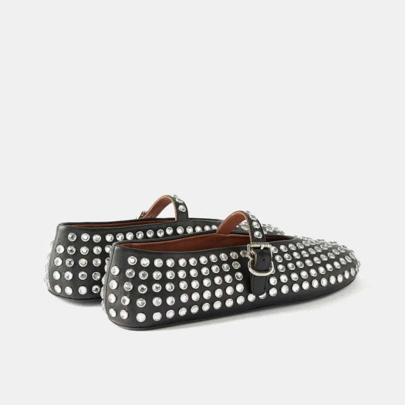 Bello | Ballerine Donna Con Cinturino in Pelle Nere Decorate con Cristalli 2