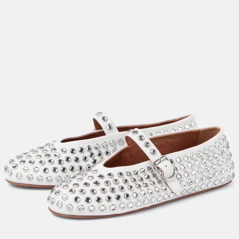 Bello | Ballerine Donna Con Cinturino in Pelle Nere Decorate con Cristalli 5
