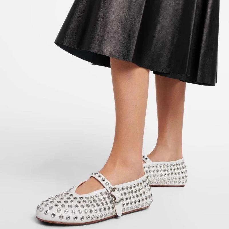 Bello | Ballerine Donna Con Cinturino in Pelle Nere Decorate con Cristalli 6