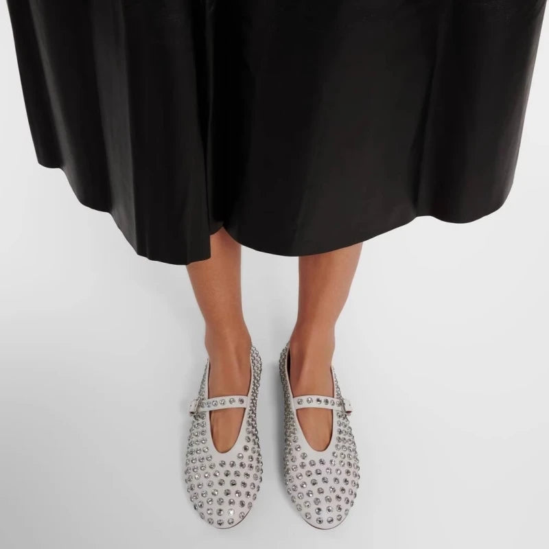 Bello | Ballerine Donna Con Cinturino in Pelle Nere Decorate con Cristalli 7