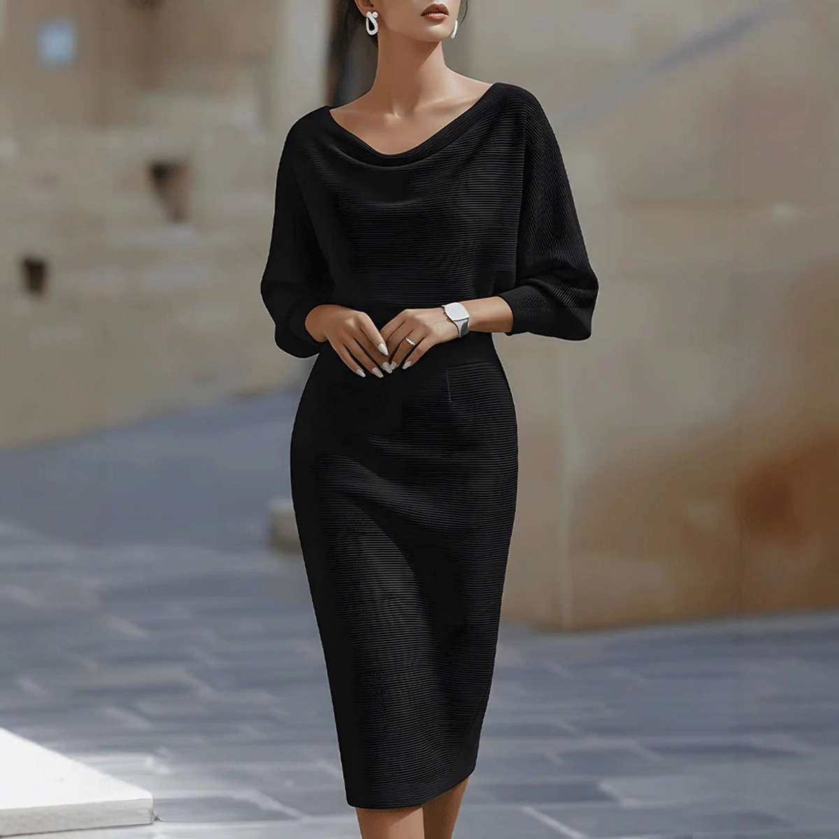 Bianca - Abito midi da donna bianco con maniche a pipistrello drappeggiate 3