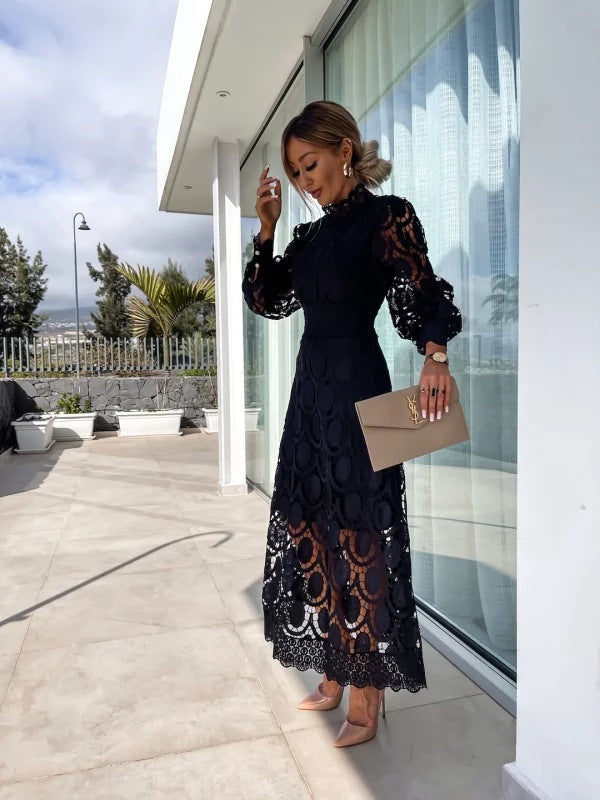 Celestia | Abito Midi Elegante in Pizzo con Maniche a Sbuffo e Scollo Alto 6