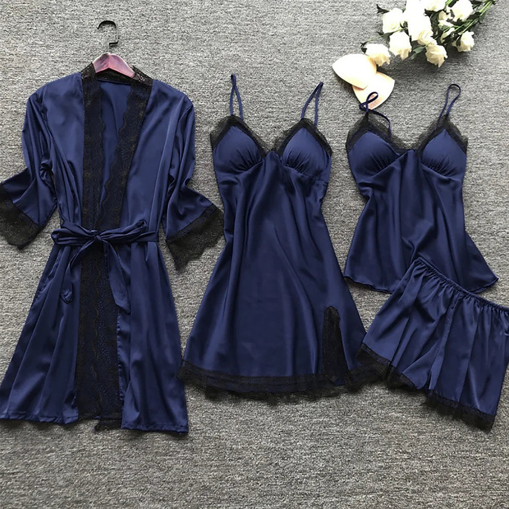 Completo da notte in raso a 4 pezzi con pizzo: vestaglia, sottoveste, top e pantaloncini. 1
