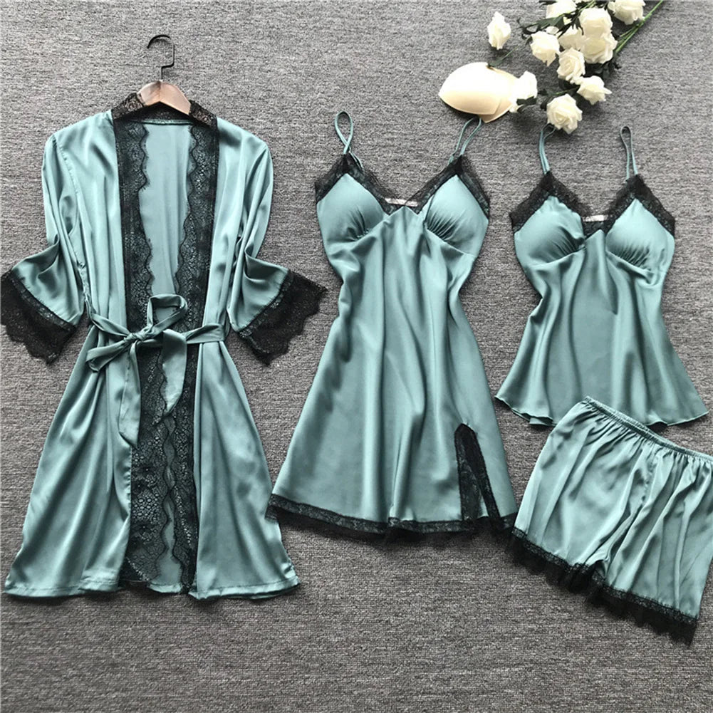 Completo da notte in raso a 4 pezzi con pizzo: vestaglia, sottoveste, top e pantaloncini. 2