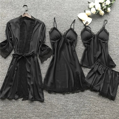 Completo da notte in raso a 4 pezzi con pizzo: vestaglia, sottoveste, top e pantaloncini. 5