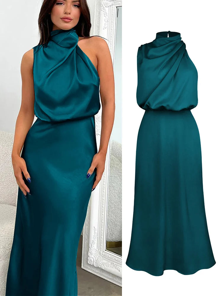 Elegante abito midi in raso con scollo asimmetrico 0