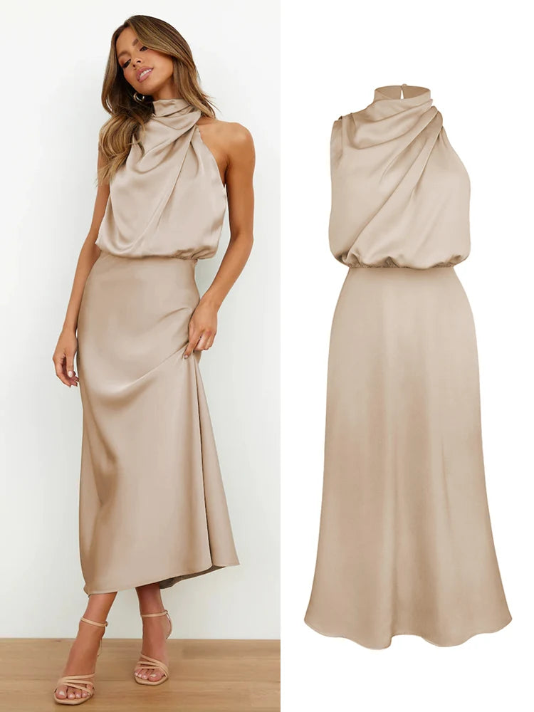 Elegante abito midi in raso con scollo asimmetrico 10
