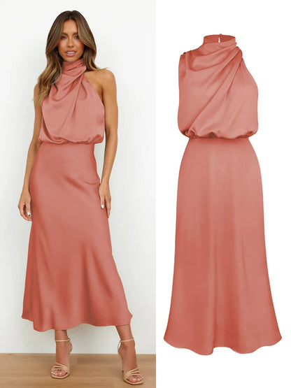 Elegante abito midi in raso con scollo asimmetrico 11