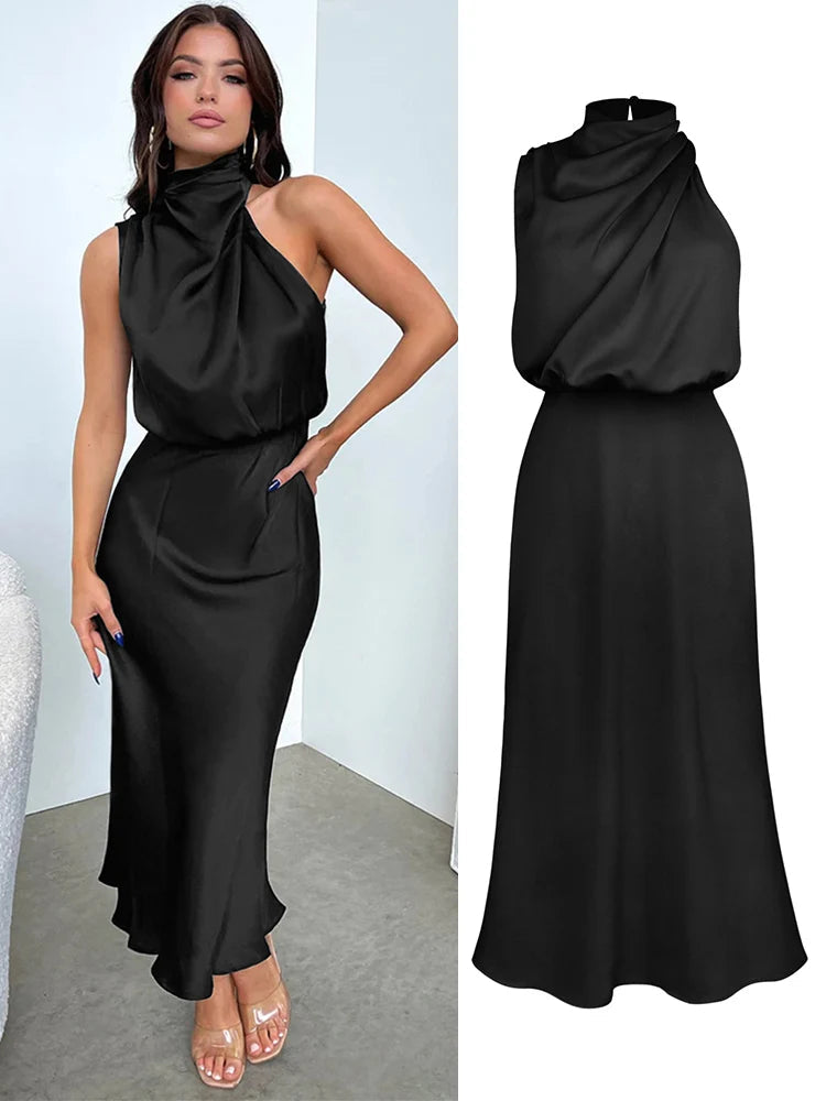 Elegante abito midi in raso con scollo asimmetrico 12
