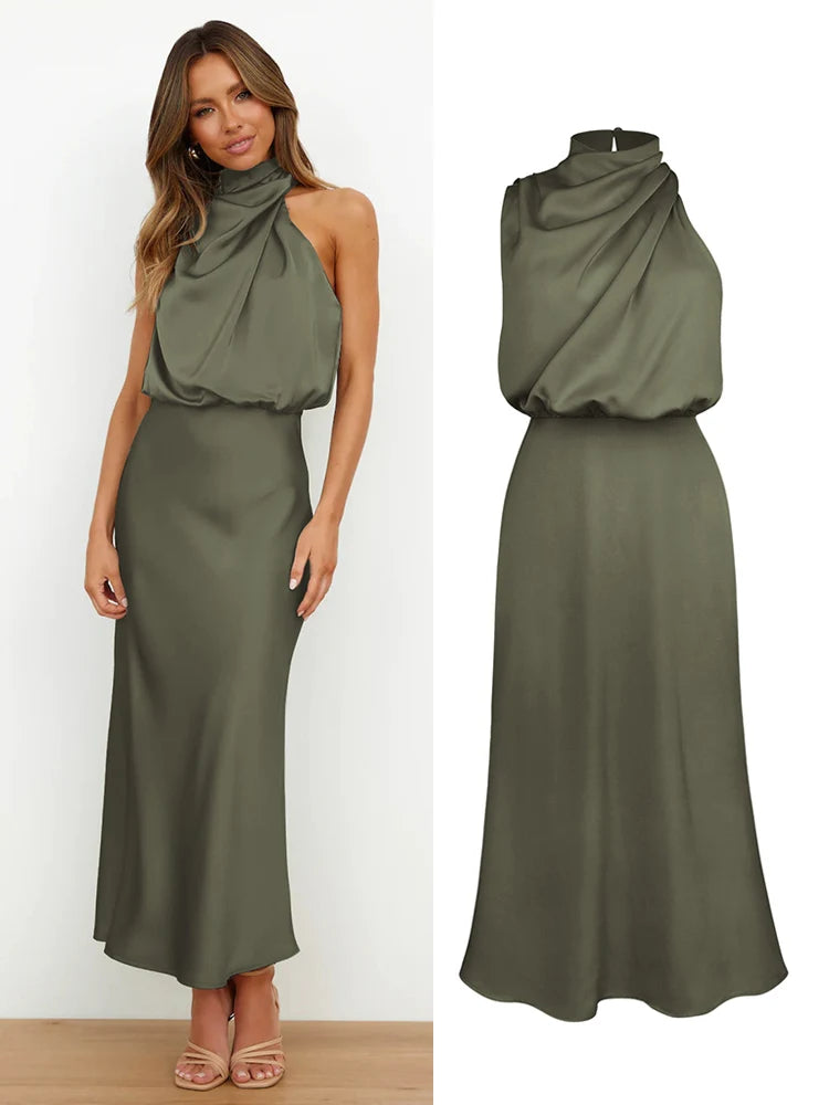 Elegante abito midi in raso con scollo asimmetrico 13