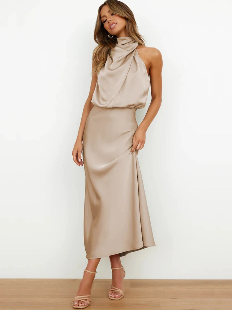 Elegante abito midi in raso con scollo asimmetrico 4