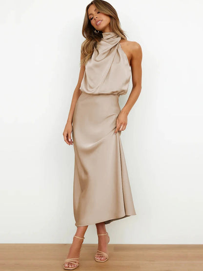Elegante abito midi in raso con scollo asimmetrico 4
