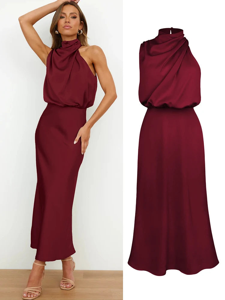 Elegante abito midi in raso con scollo asimmetrico 7