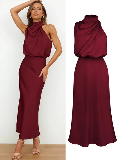 Elegante abito midi in raso con scollo asimmetrico 7