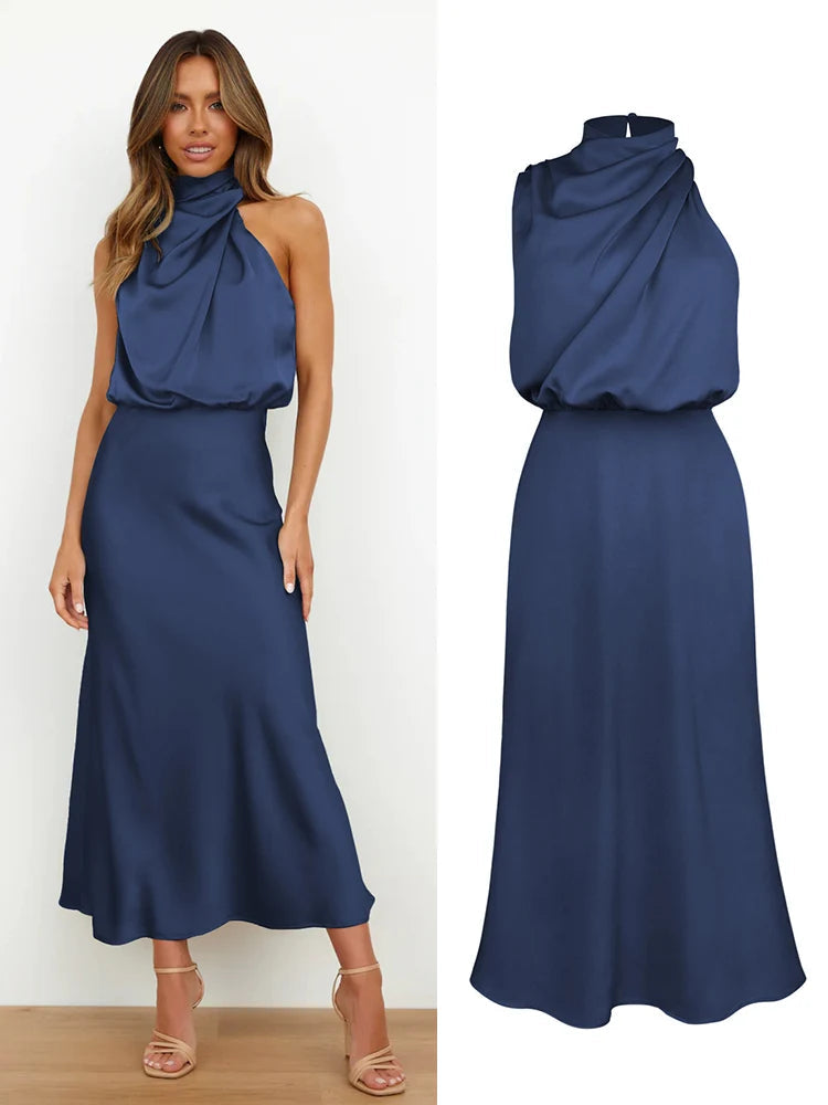 Elegante abito midi in raso con scollo asimmetrico 8