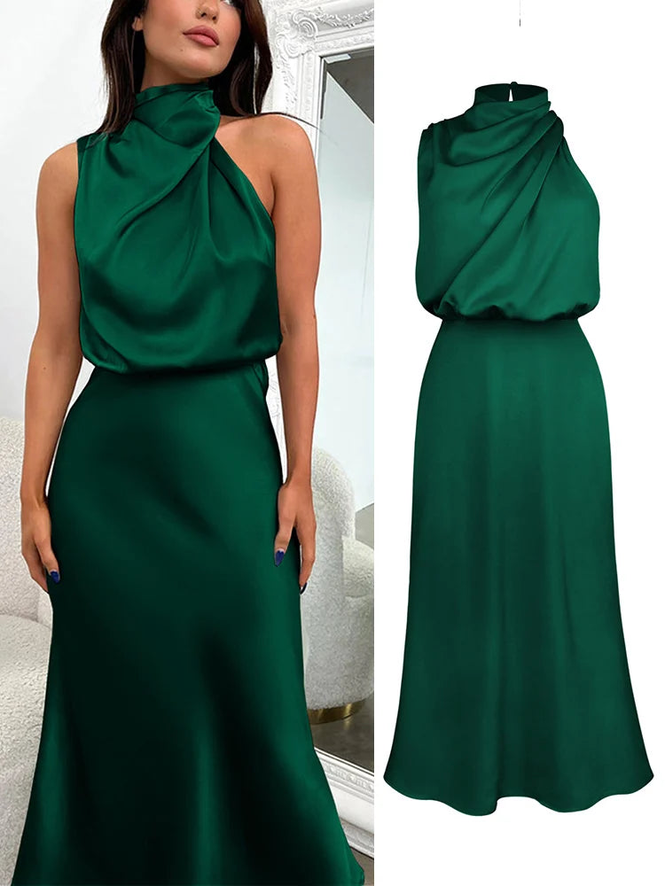 Elegante abito midi in raso con scollo asimmetrico 9