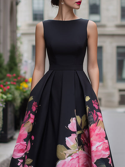 Elegante abito midi senza maniche con gonna a stampa floreale 1