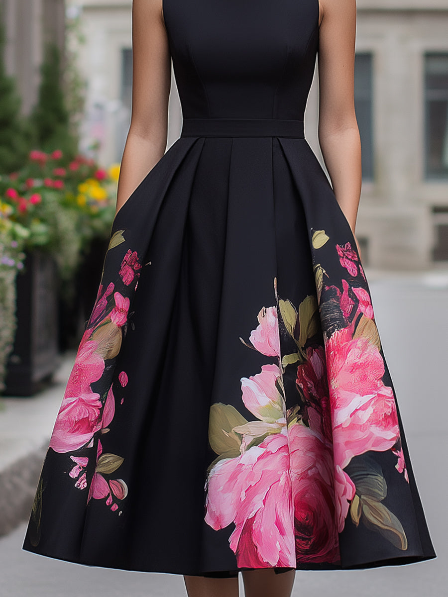 Elegante abito midi senza maniche con gonna a stampa floreale 2