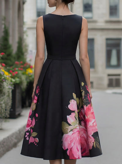 Elegante abito midi senza maniche con gonna a stampa floreale 3