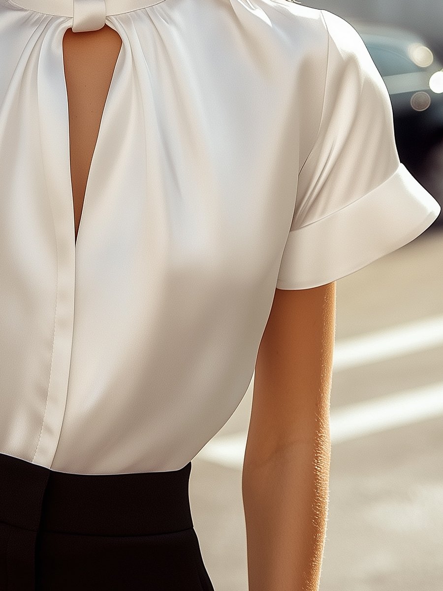 Elegante camicetta in raso bianco con scollo a goccia moderno 2