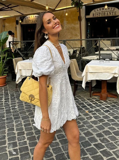 Fiorenza | Abito Donna Elegante Bianco con Volant Ricamati 3