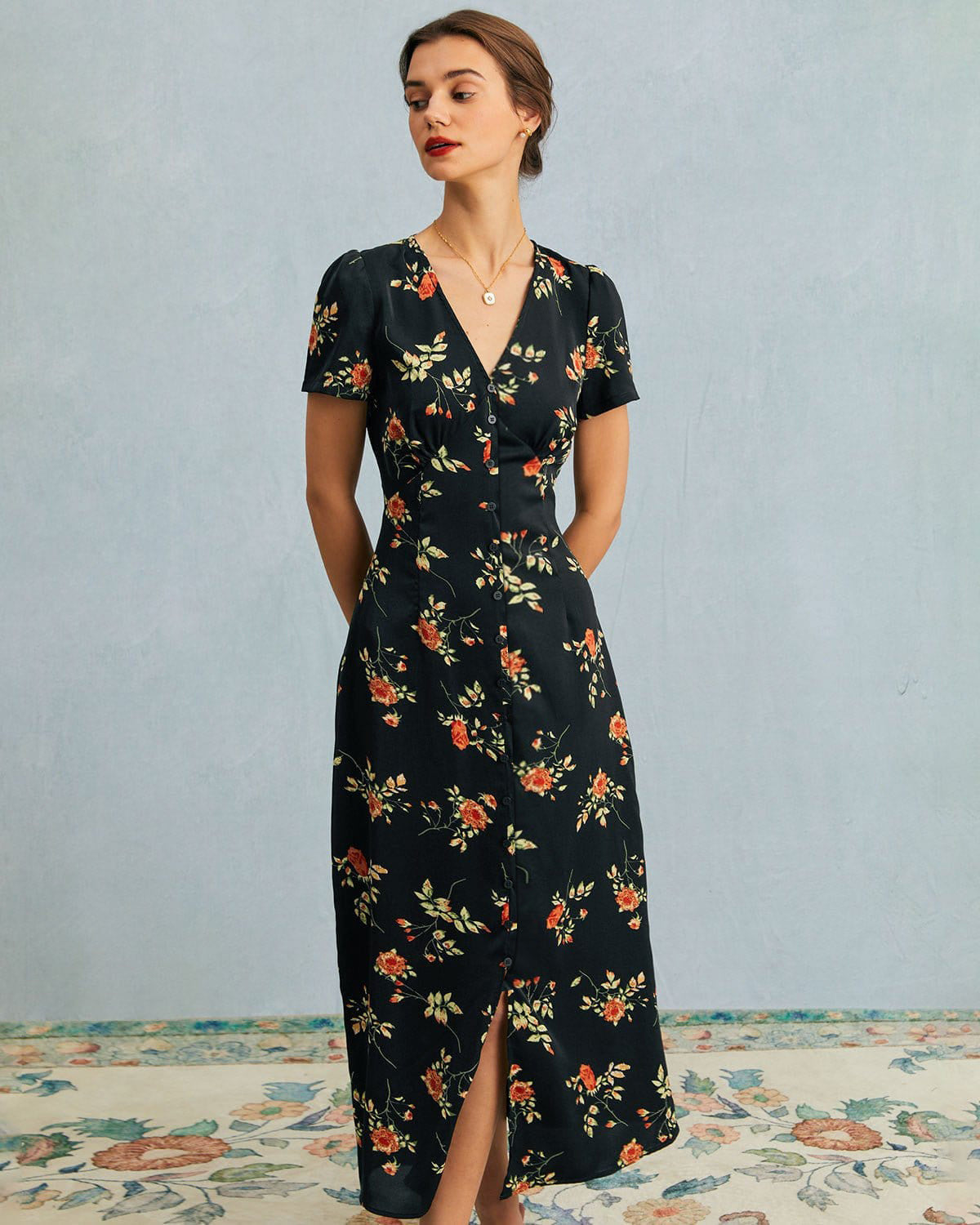 Fiorenza | Maxi Abito Floreale con Scollo a V per Donna, Vestito Elegante da Cerimonia 3