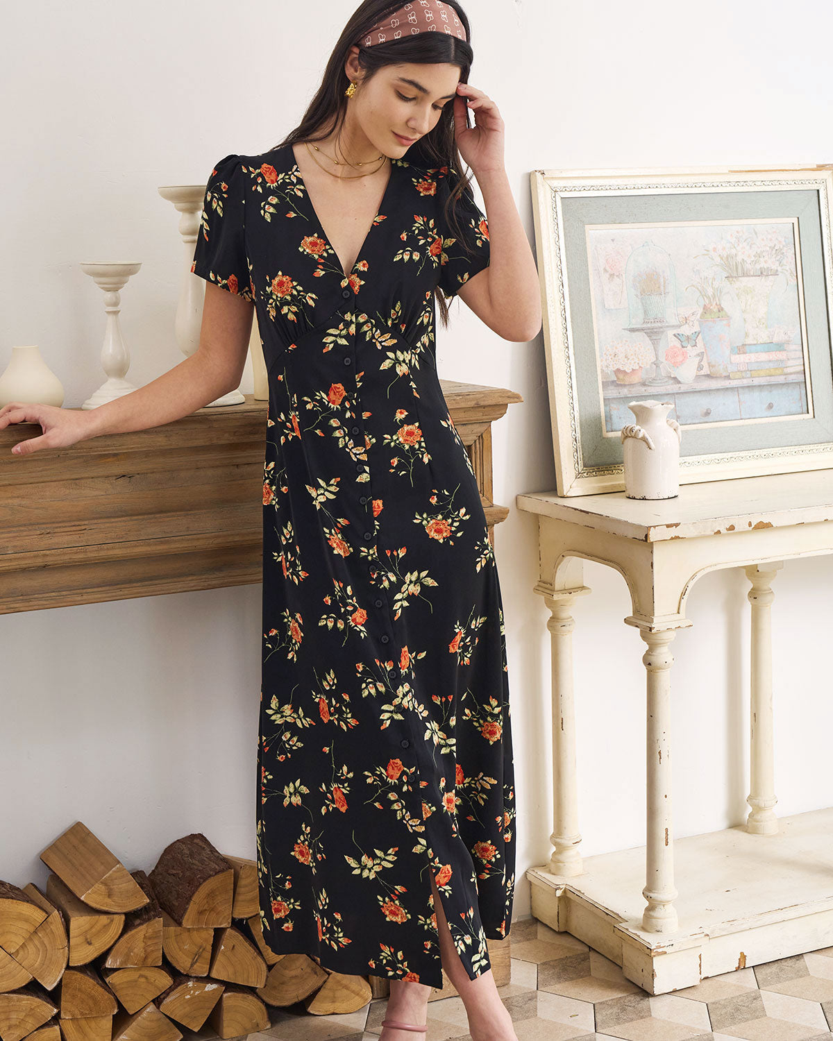 Fiorenza | Maxi Abito Floreale con Scollo a V per Donna, Vestito Elegante da Cerimonia 5