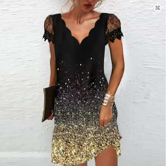 Gioia | Abito Cerimonia Donna Glitterato Mini con Maniche in Pizzo 0