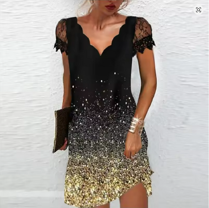 Gioia | Abito Cerimonia Donna Glitterato Mini con Maniche in Pizzo 0