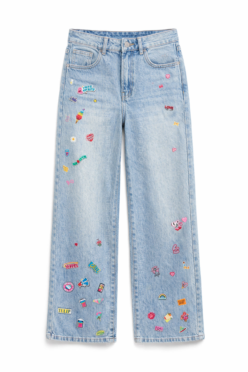 Jeans Donna Wide Leg Elasticizzati a Vita Alta con Patch Decorativi – Denim Chiaro 9110 -TheOne 0