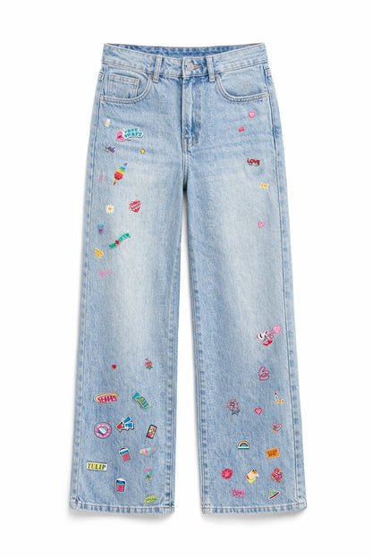 Jeans Donna Wide Leg Elasticizzati a Vita Alta con Patch Decorativi – Denim Chiaro 9110 -TheOne 0