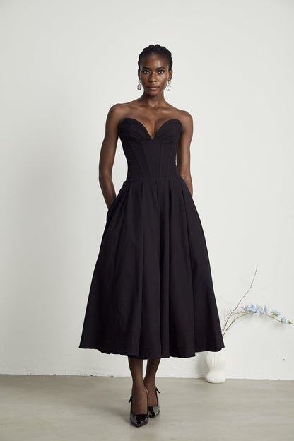Katherine | Abito Midi Elegante Nero con Corsetto e Spalle Scoperte 3