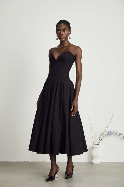 Katherine | Abito Midi Elegante Nero con Corsetto e Spalle Scoperte 6