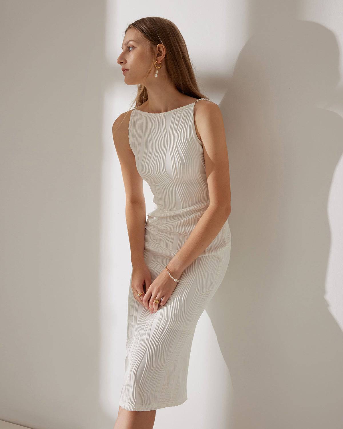 Luna | Abito Midi Elegante con Spalline di Perle 0