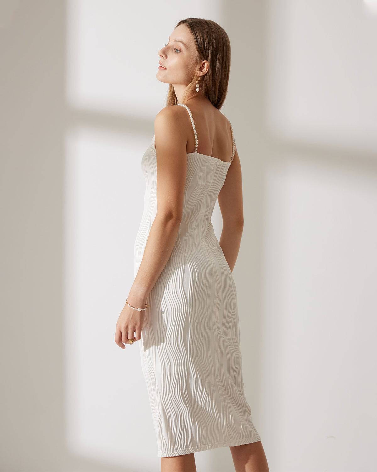 Luna | Abito Midi Elegante con Spalline di Perle 4