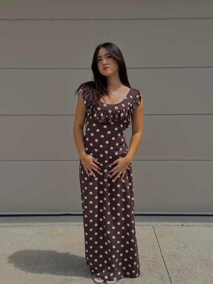 Luna | Maxi Abito Cerimonia Donna a Pois Elegante con Dettagli di Ruche e Schiena Scoperta 1