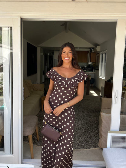 Luna | Maxi Abito Cerimonia Donna a Pois Elegante con Dettagli di Ruche e Schiena Scoperta 2