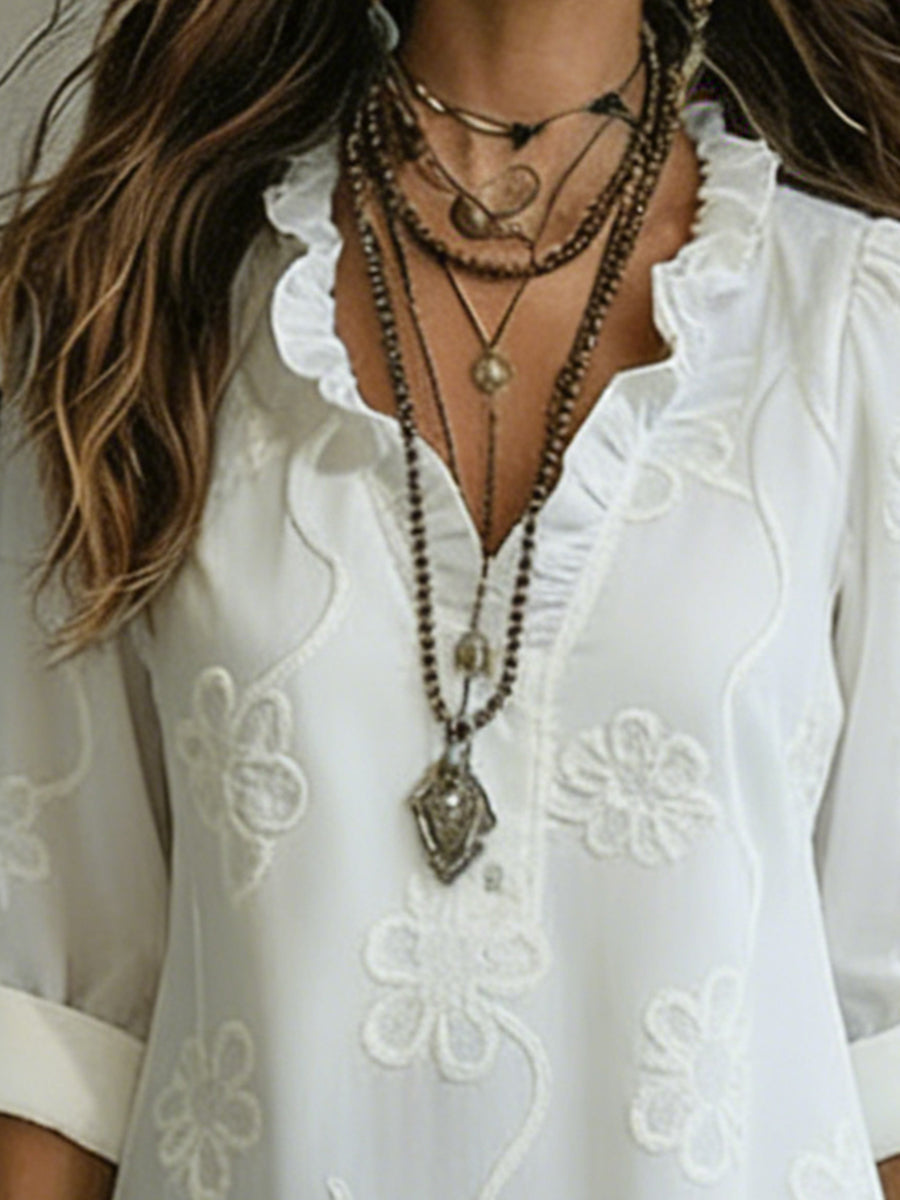 Lunaria | Abito Elegante a Trapezio Donna con Colletto a Volant e Dettagli Floreali 1