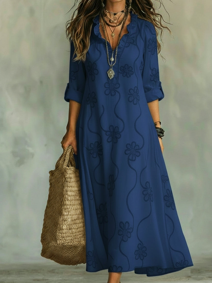 Lunaria | Abito Elegante a Trapezio Donna con Colletto a Volant e Dettagli Floreali 3