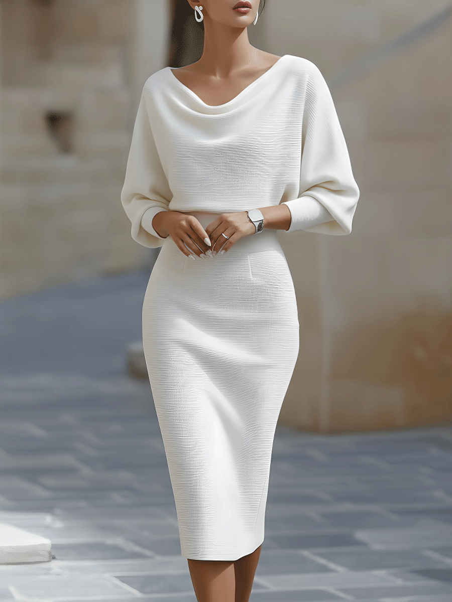 Mira | Abito Midi Elegante Cerimonia Donna Drappeggiato Bianco 0