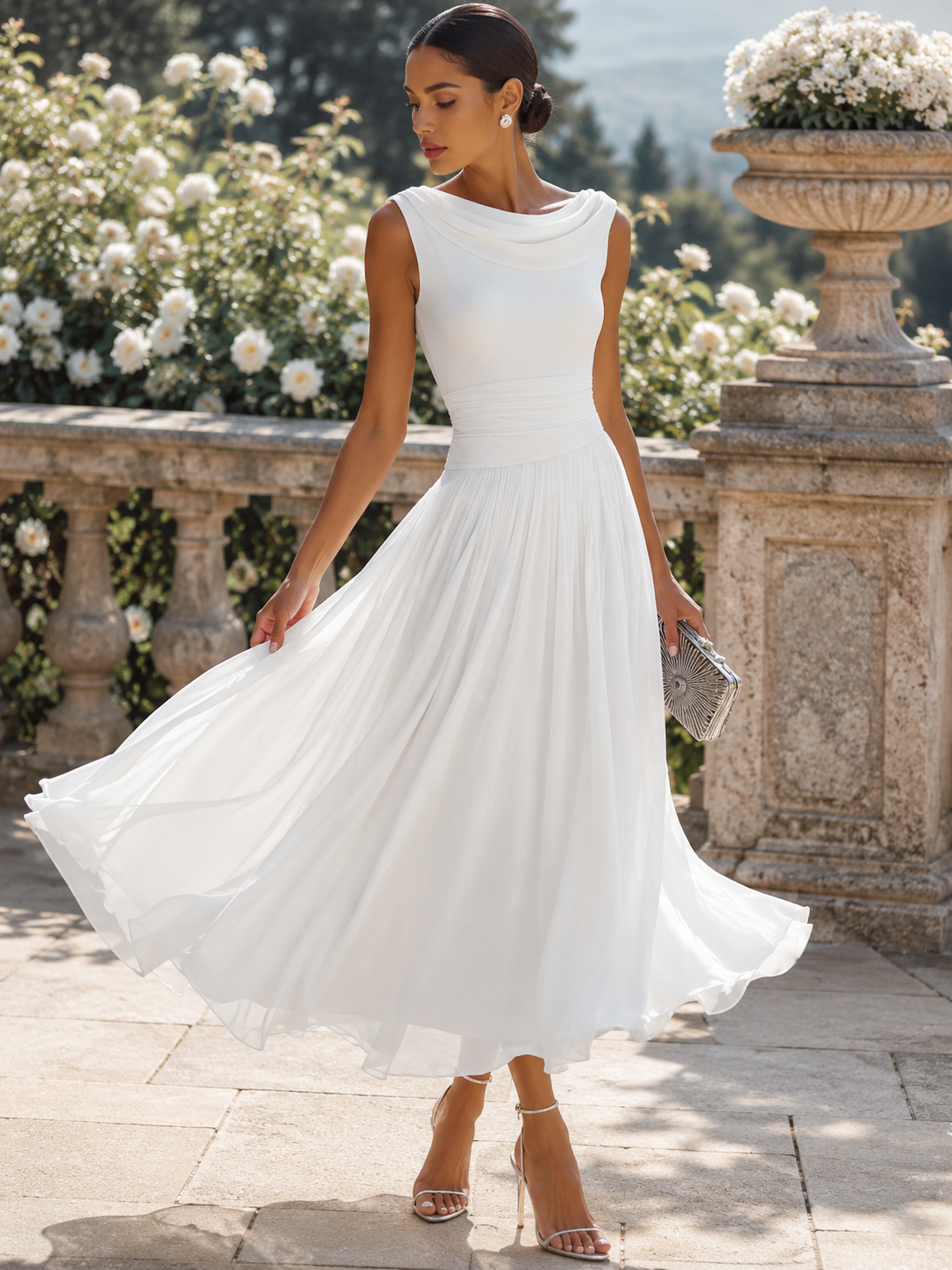 Mirella | Abito Midi Elegante a Pieghe con Scollo Drappeggiato 2