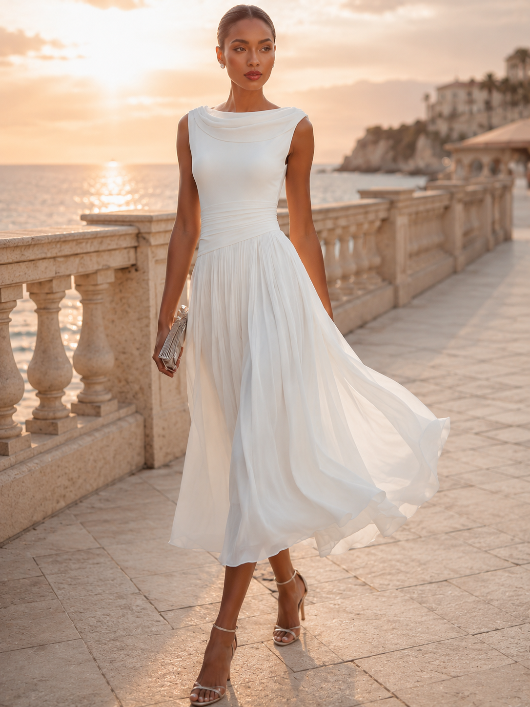 Mirella | Abito Midi Elegante a Pieghe con Scollo Drappeggiato 4