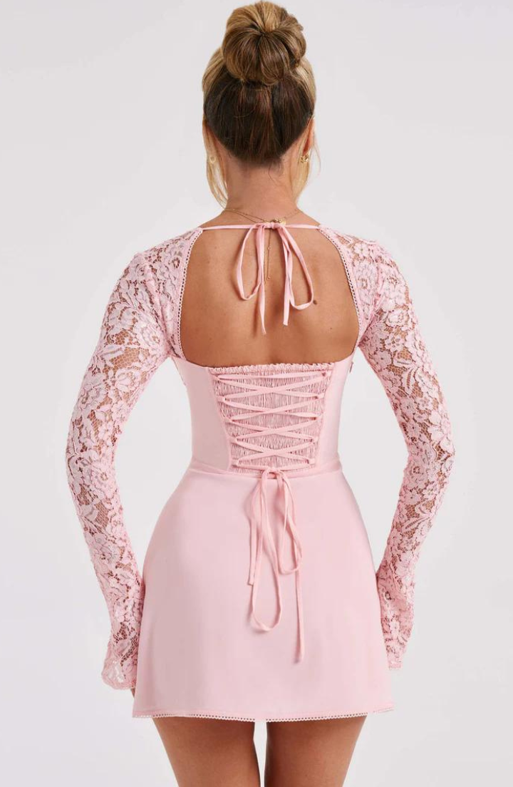 Mirella | Miniabito Elegante in Pizzo Floreale con Maniche Lunghe Svasate 7