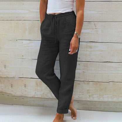 Pantaloni da donna in lino con coulisse, leggeri e comodi, perfetti per l'estate. 0