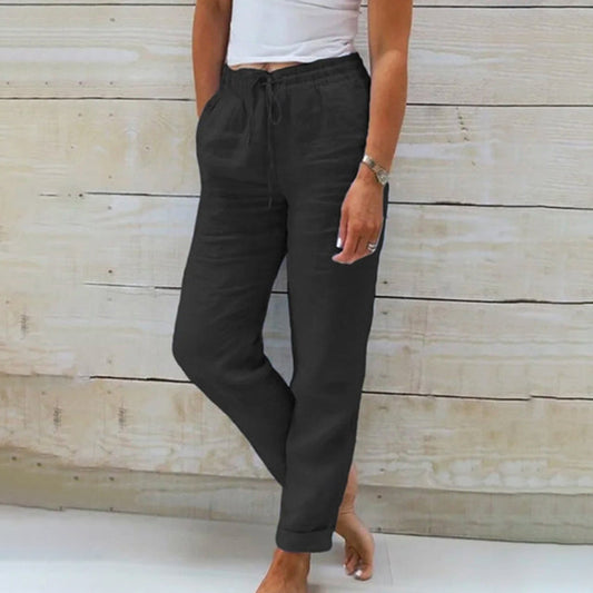 Pantaloni da donna in lino con coulisse, leggeri e comodi, perfetti per l'estate. 0