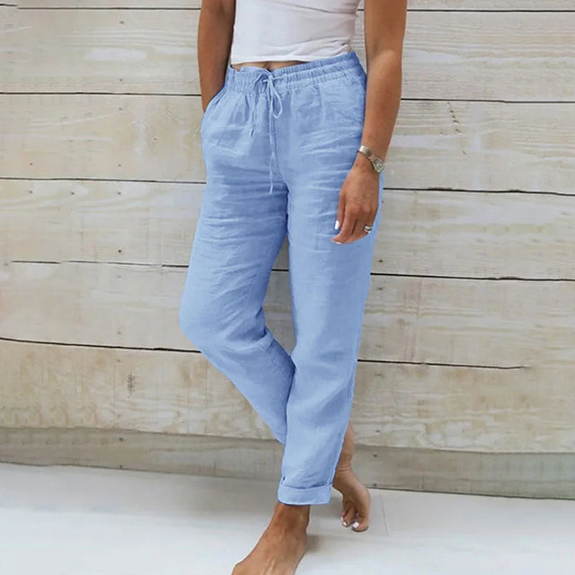 Pantaloni da donna in lino con coulisse, leggeri e comodi, perfetti per l'estate. 1