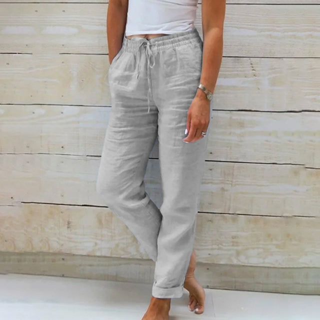Pantaloni da donna in lino con coulisse, leggeri e comodi, perfetti per l'estate. 2